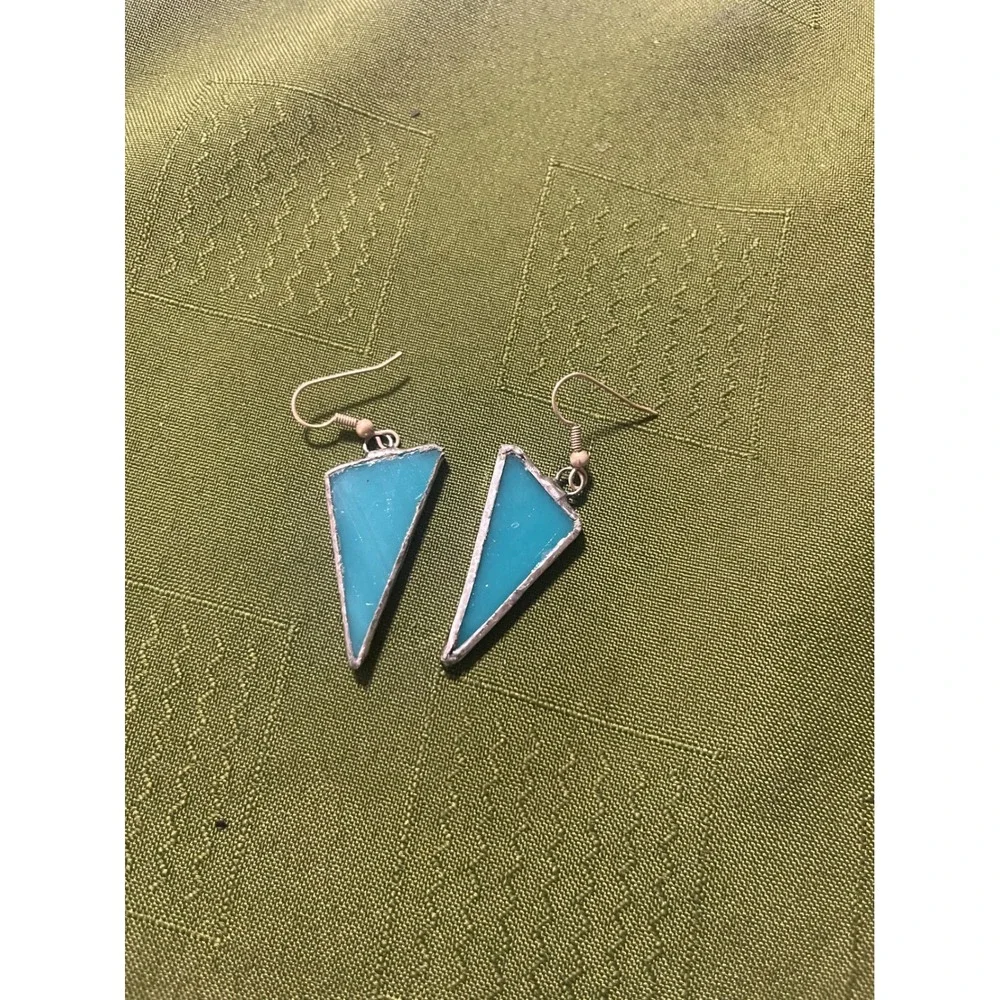 Handmade Stained Glass Triangle Dangle Earrings Turquoise Blue Geometric Silver
